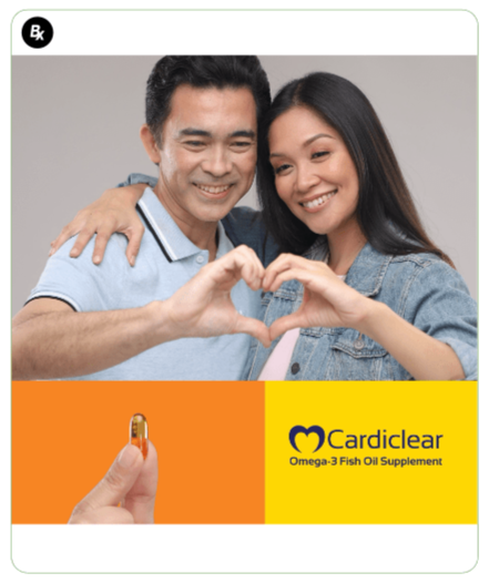 Cardiclear portfolio: Collage showing a healthy and happy young couple forming a heart shape with their hands, a hand showing the Cardiclear capsule, and a frame with the Cardiclear logo.